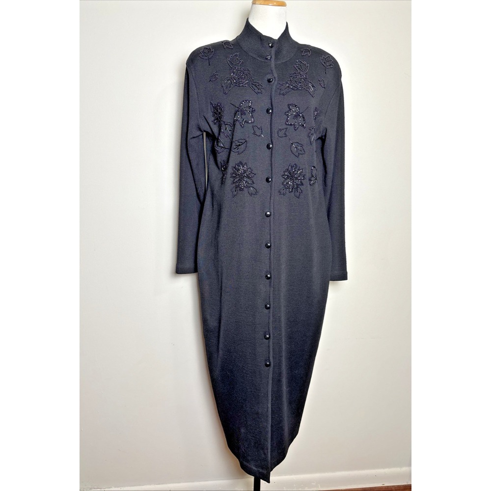 Liz Claiborne Vintage Beaded Sweater Dress L Black Dressy Retro Chic Wool Blend